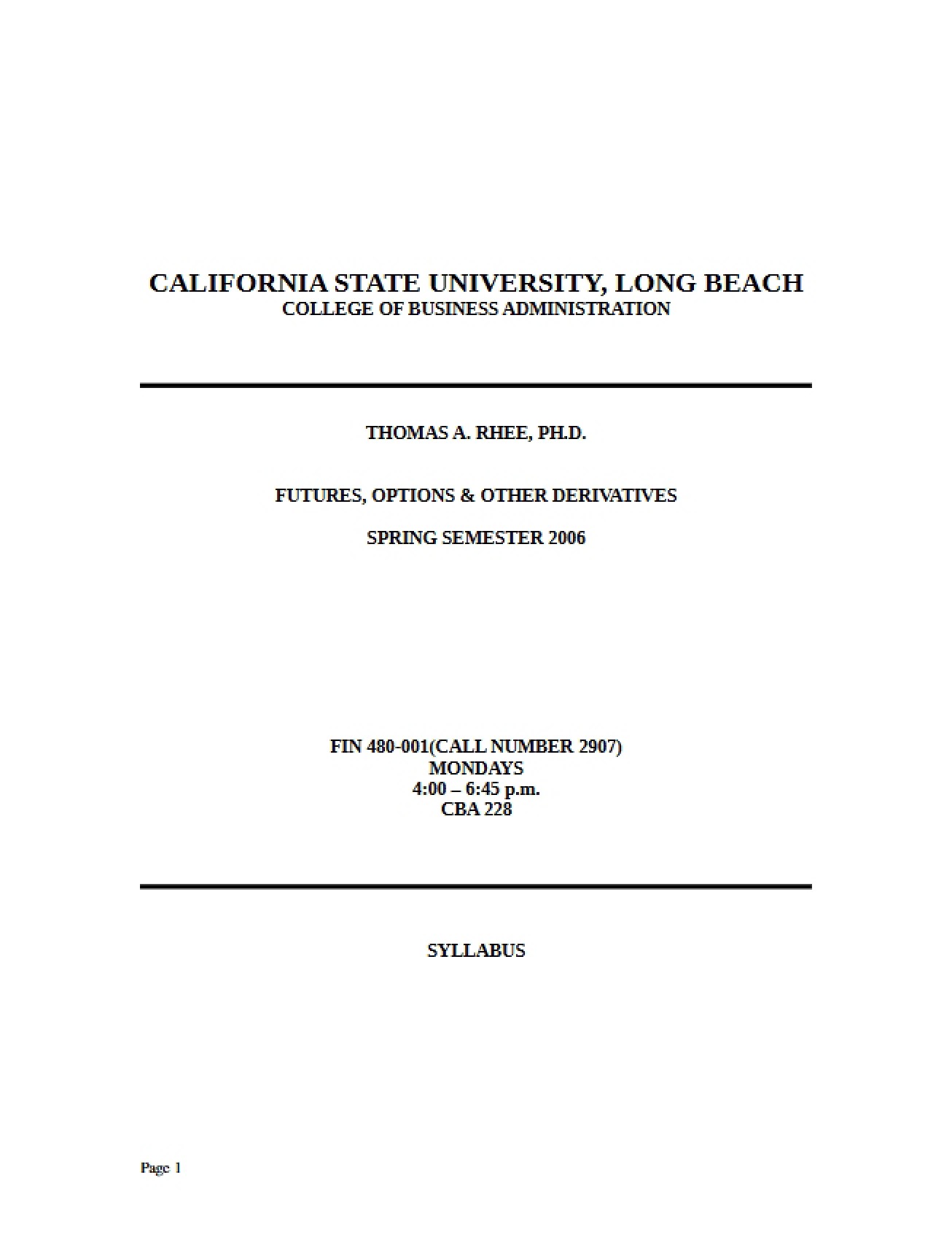Derivatives Course Syllabus