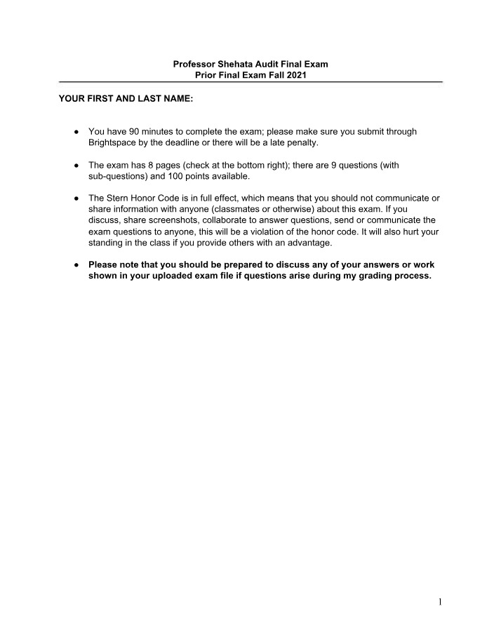 Audit Final Exam - Professor Shehata