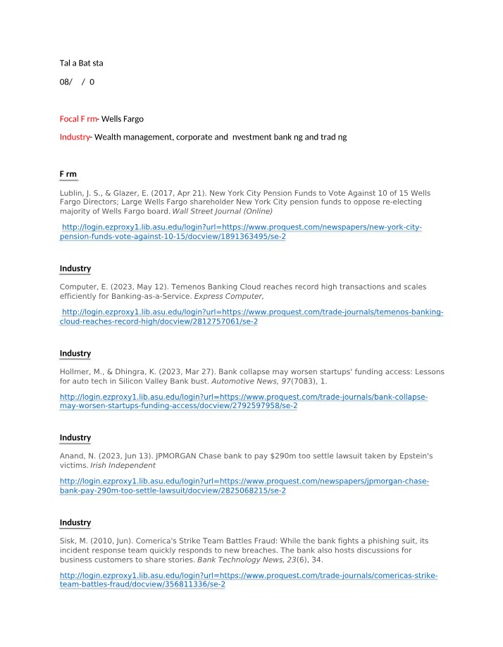 Focal Firm Analysis - Wells Fargo