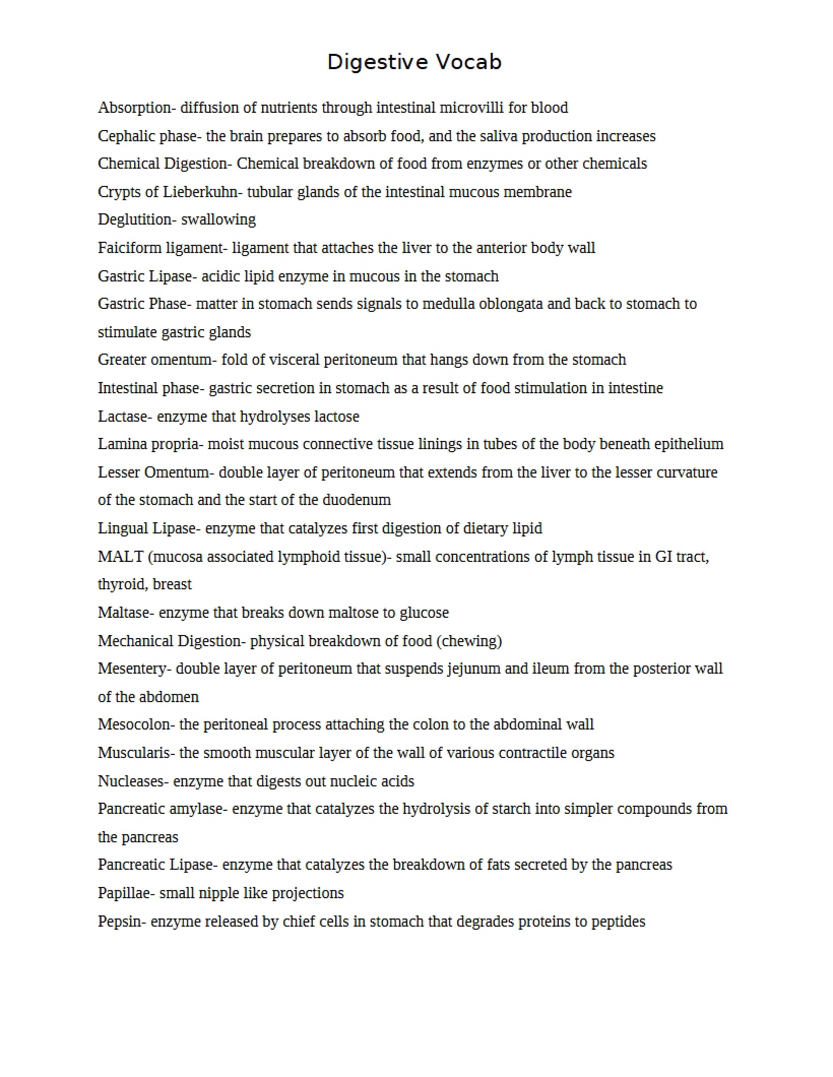 Vocabulary for Digestion
