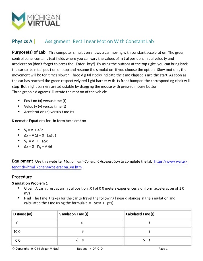 Rectilinear Motion with Constant Acceleration Lab