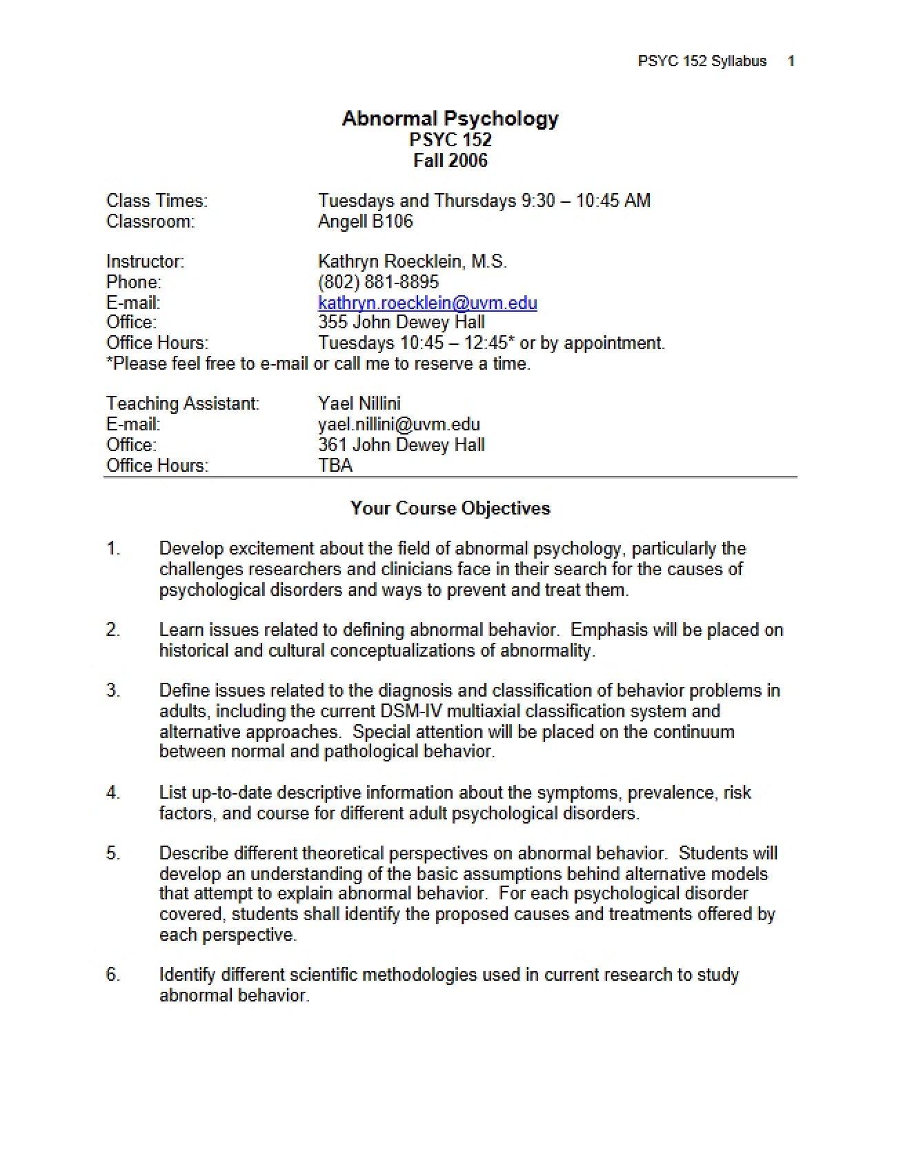Abnormal Psychology Course Plan