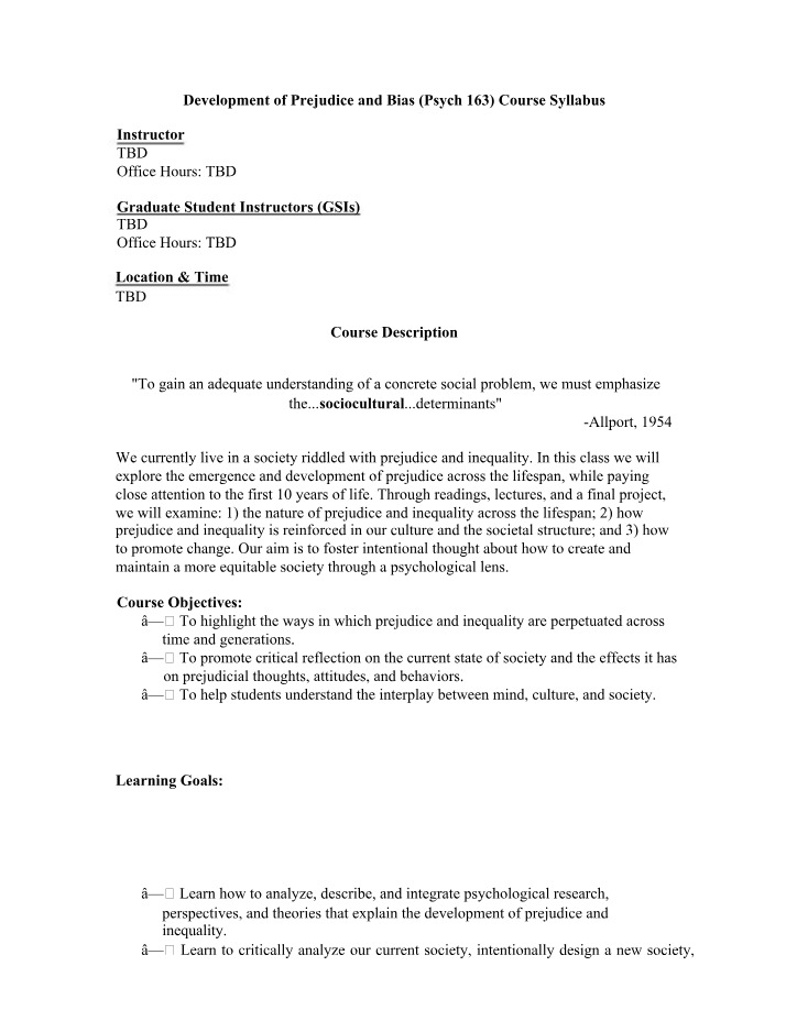Development of Prejudice and Bias - Syllabus