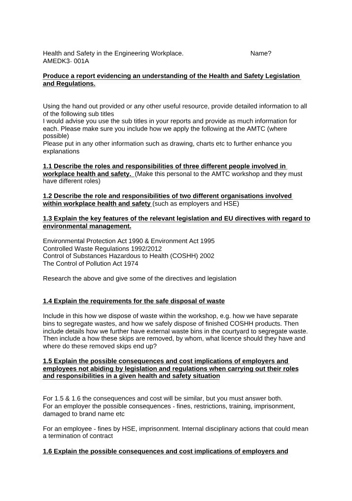 Health and Safety Report - Engineering Workplace Requirements