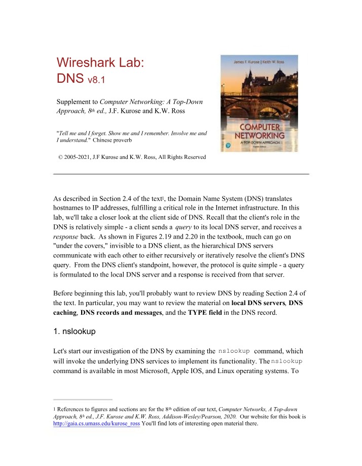 DNS Wireshark Lab v8.1