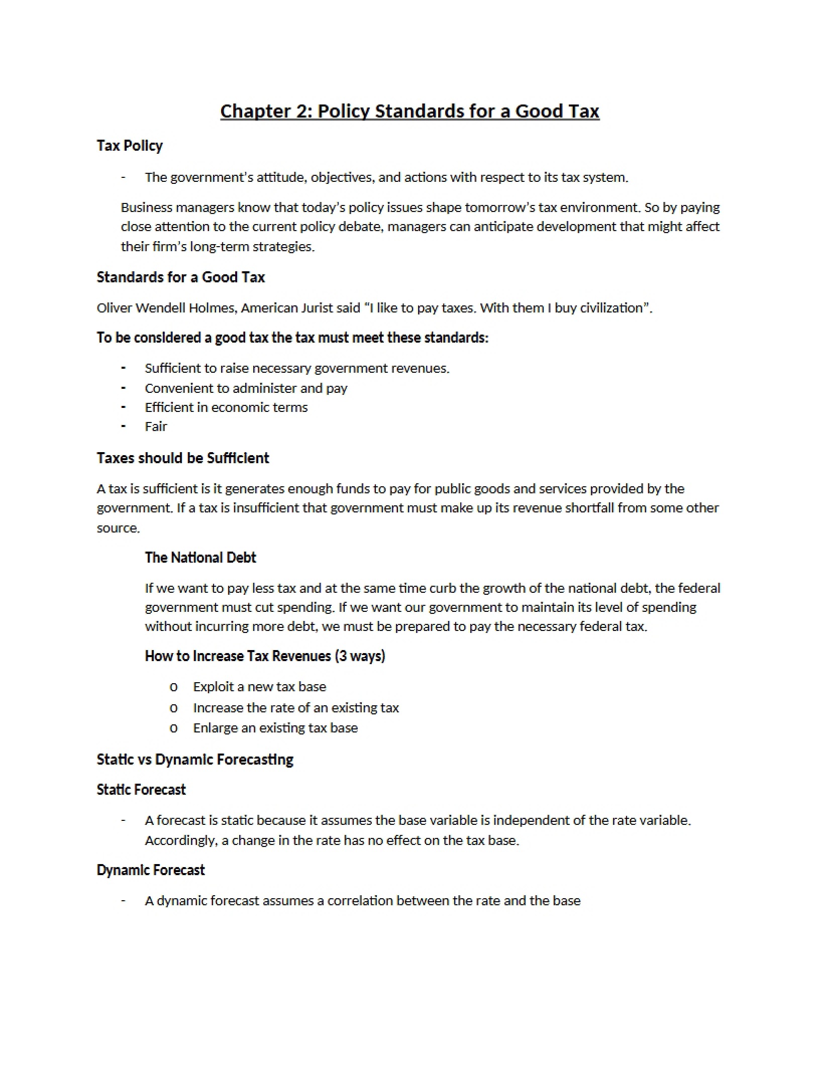 Good Tax Policy Standards (Ch 2)