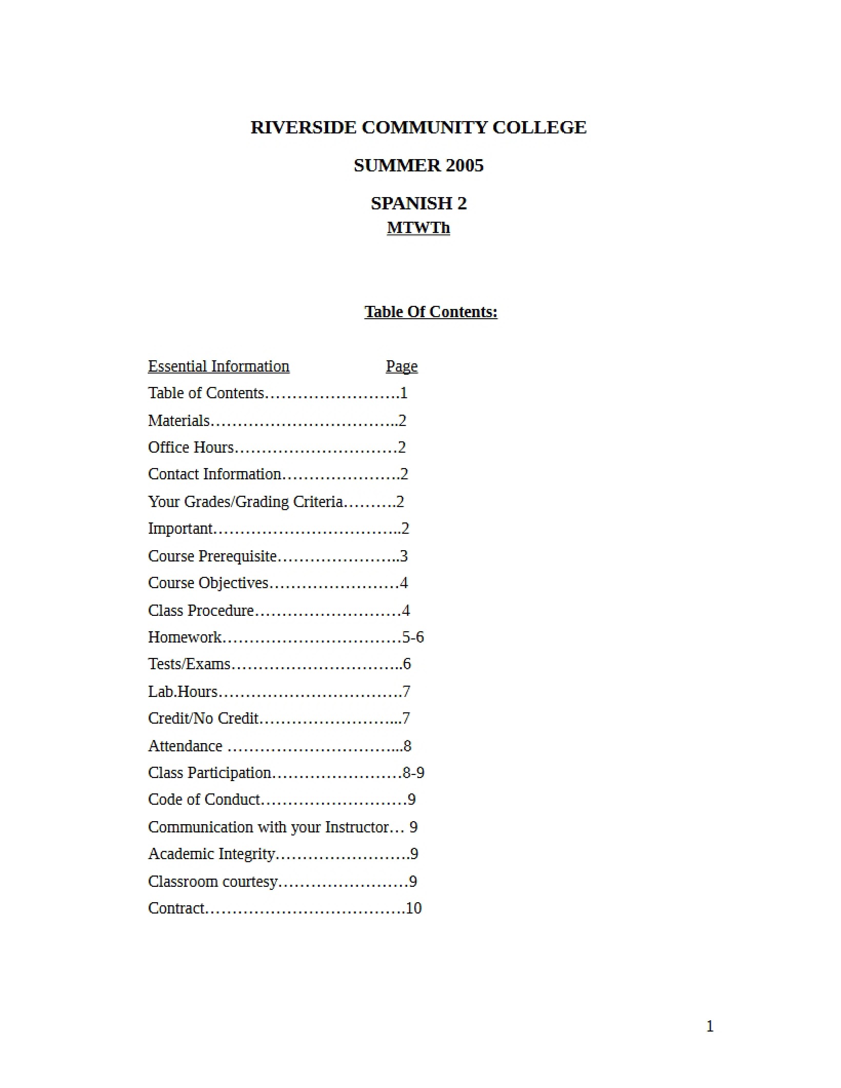 Outline of Spanish Two Course - SPA 2