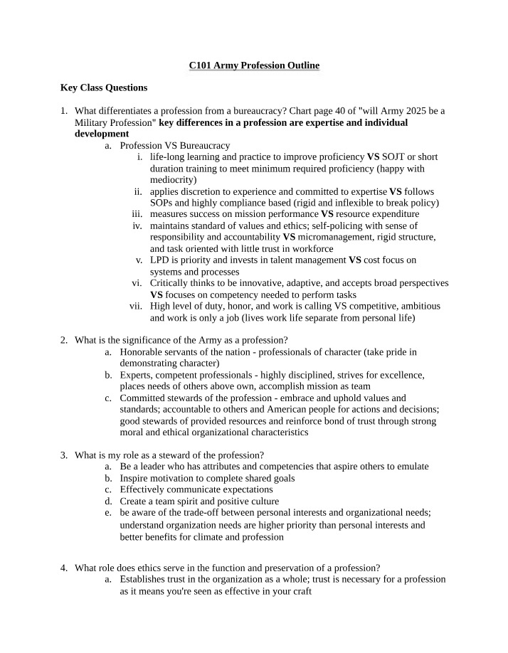 Army Profession Outline - Key Questions and Responsibilities