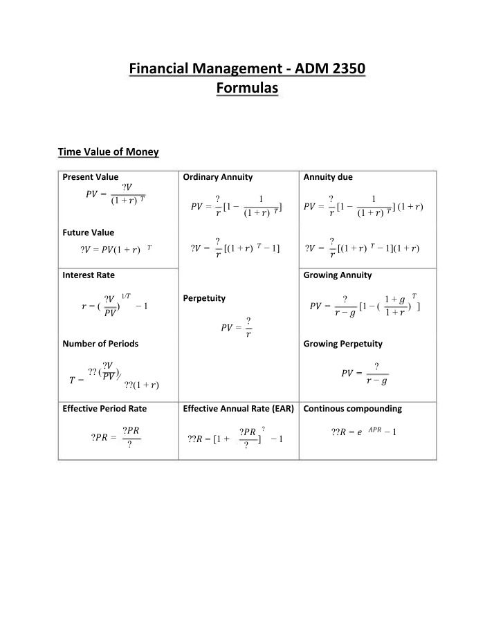 Formulas for Financial Management