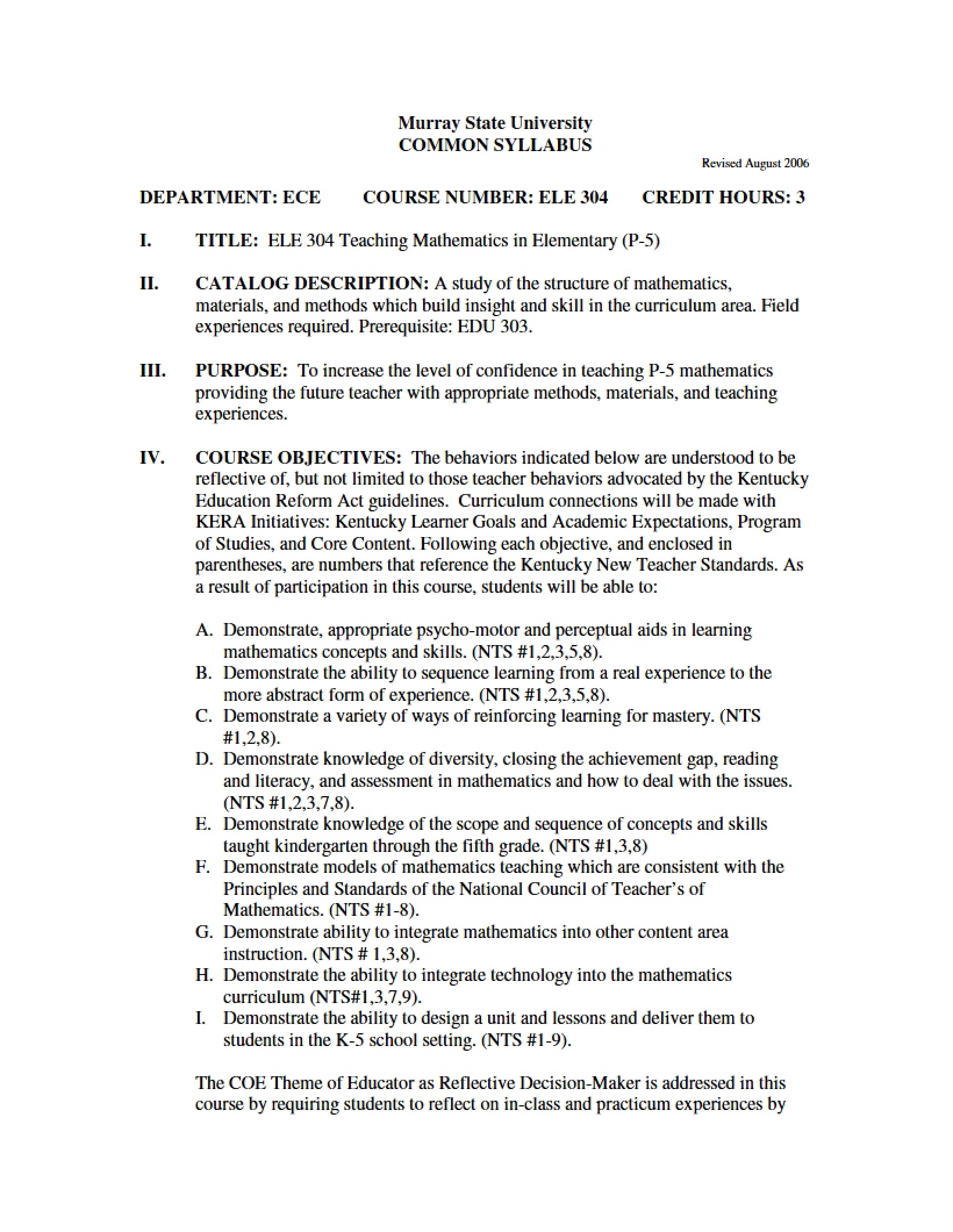 Syllabus - Teaching Elementary Mathematics