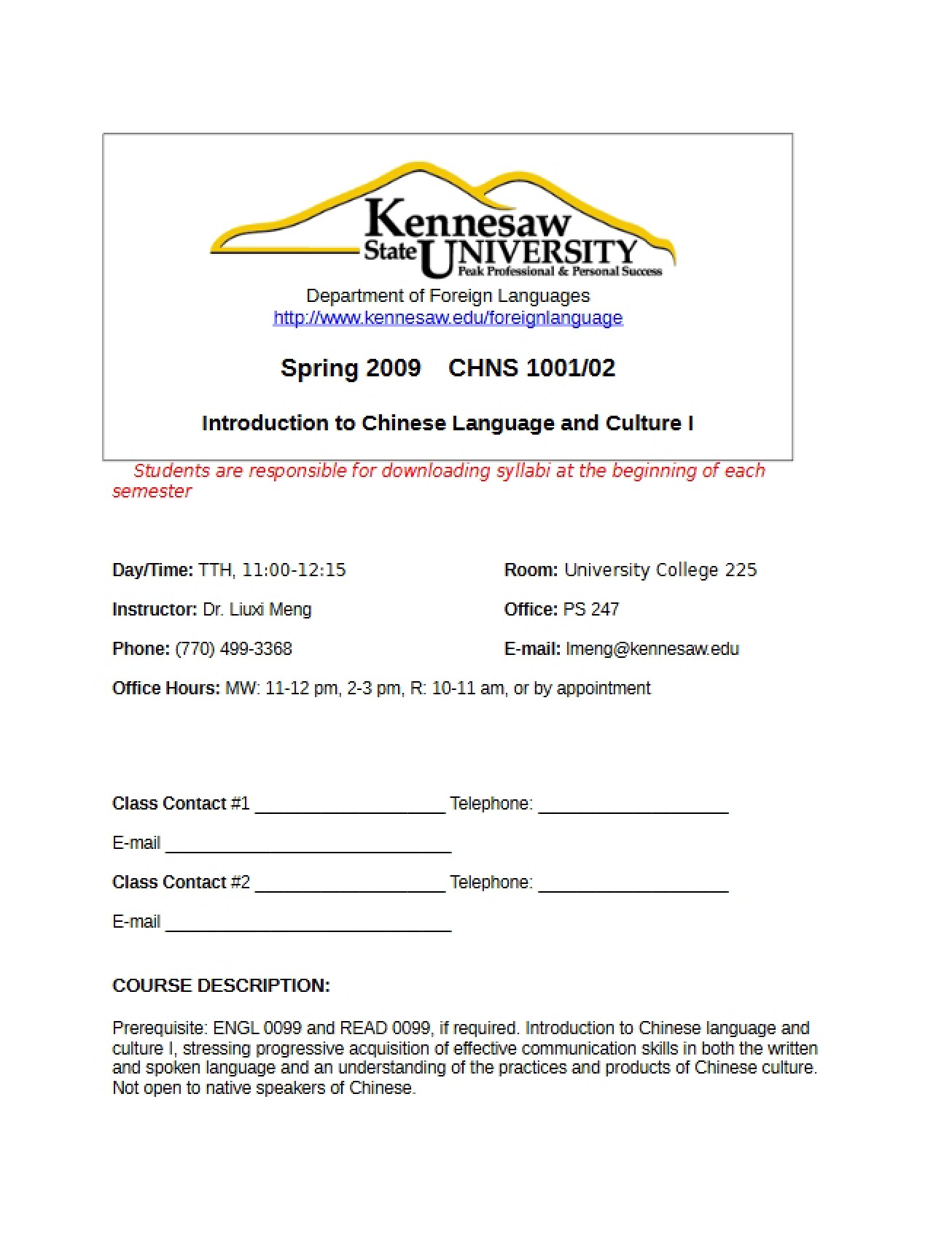 General Syllabus for a Course on Introduction to Chinese Language and Culture - 6 Pages