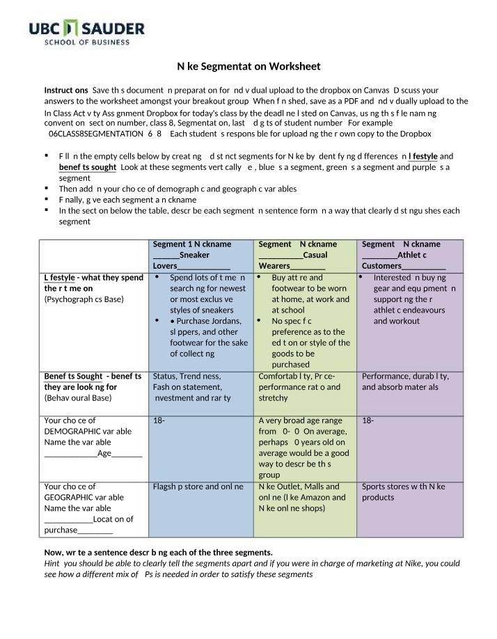 Worksheet on Nike Segmentation