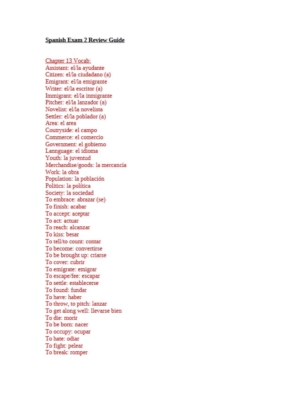 Review Guide Spanish Exam 2