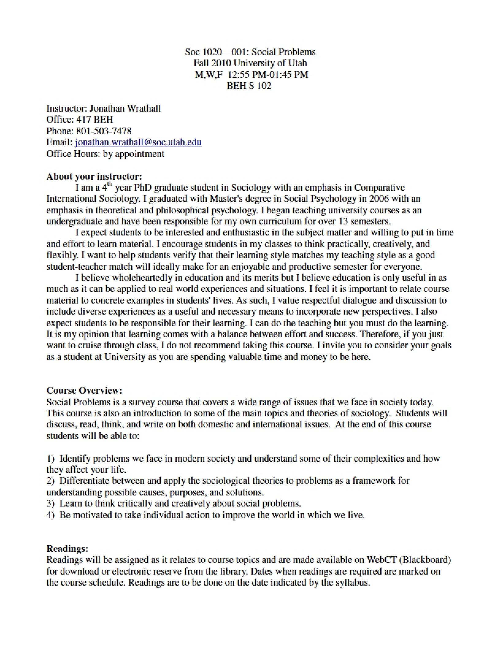 Syllabus for Social Problems - 5 Pages