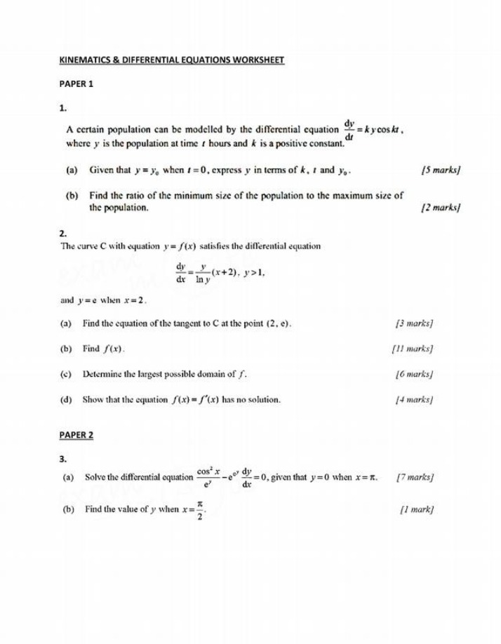 Worksheet on Kinematics and Differential Equations