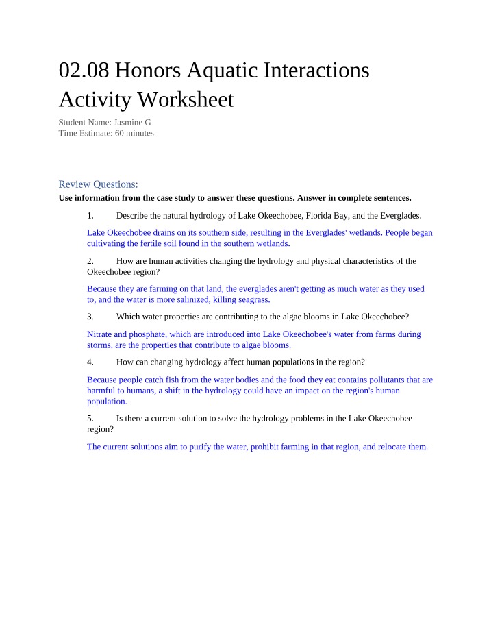 Honors Aquatic Interactions Worksheet - 02.08