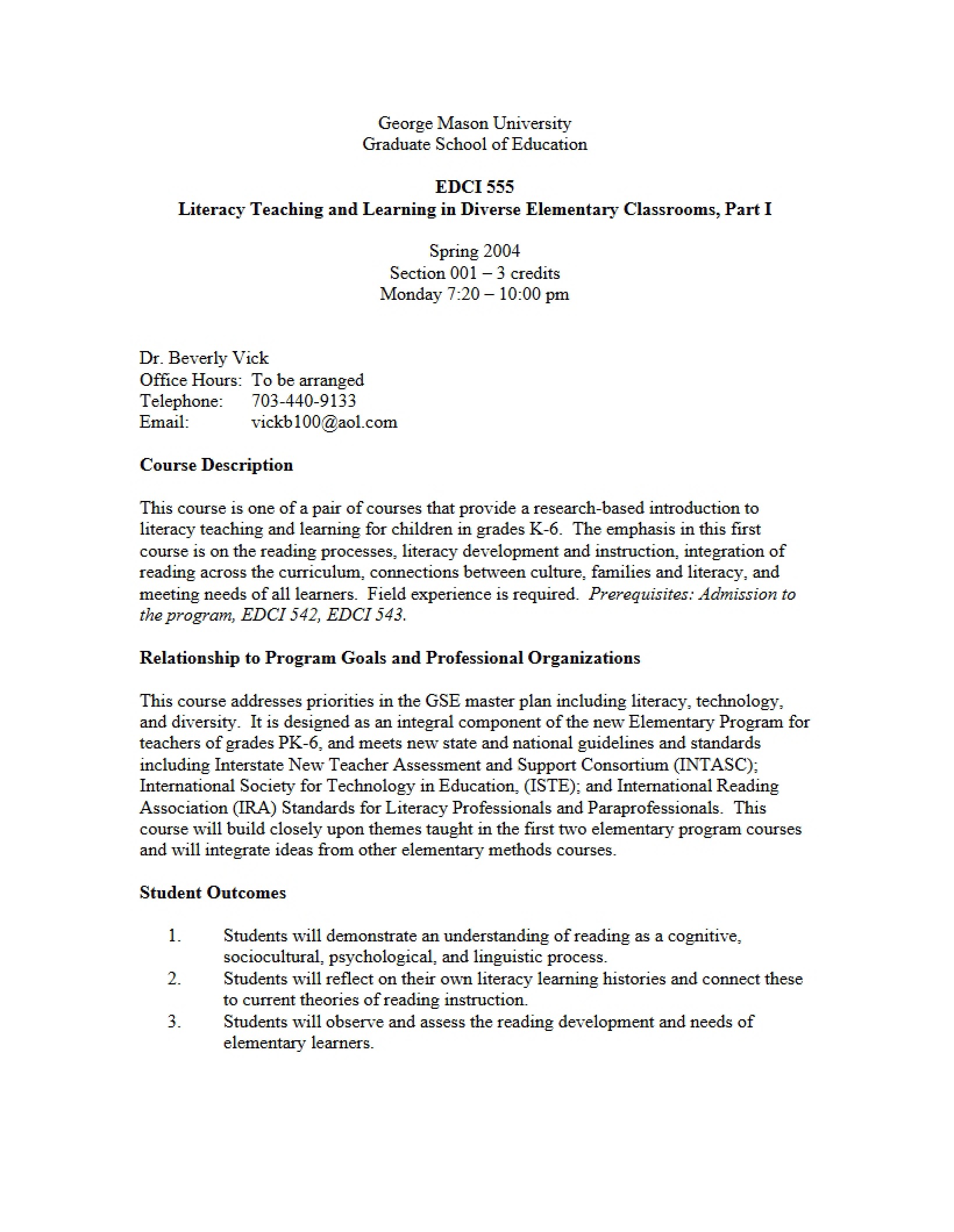 Course Outline Literacy Teaching in Diverse Elementary Classrooms I