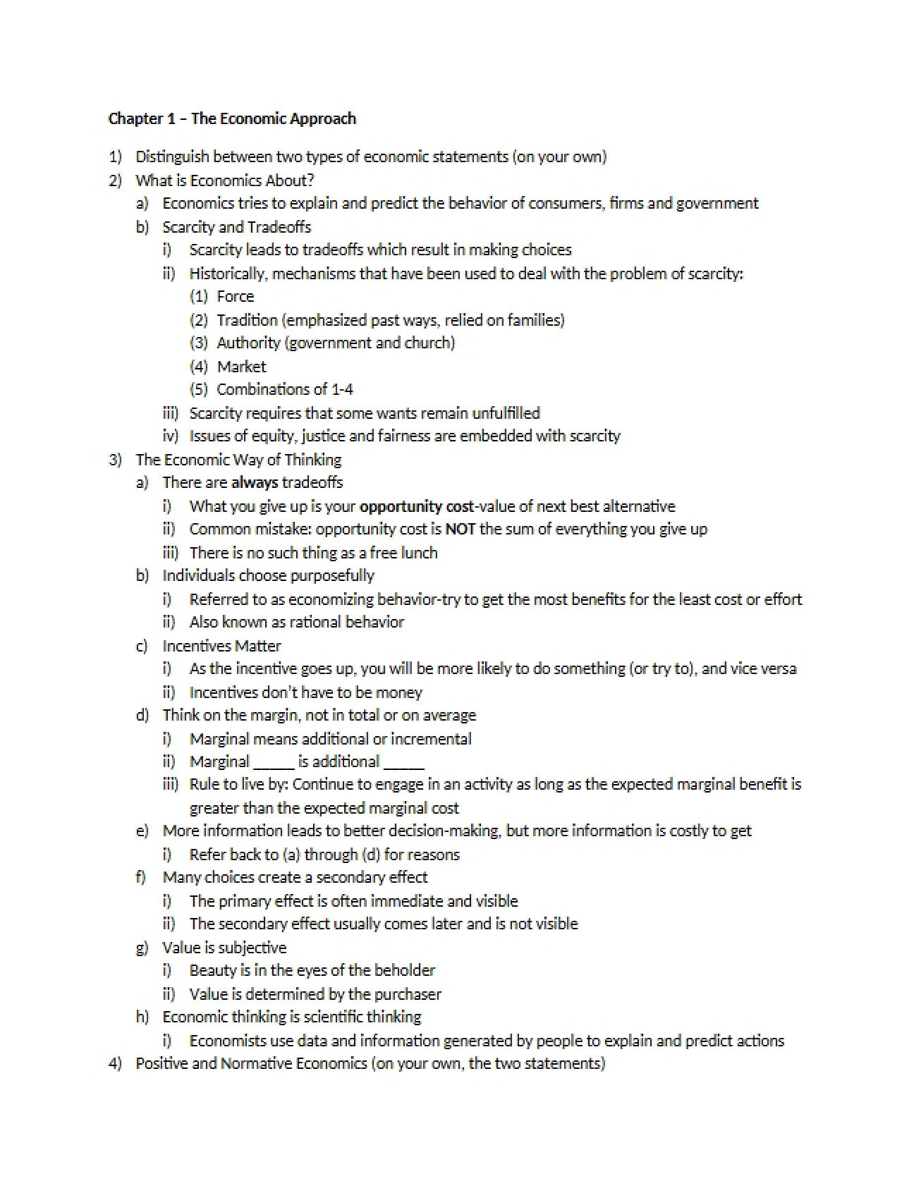 Examination of the Economic Approach in Chapter One