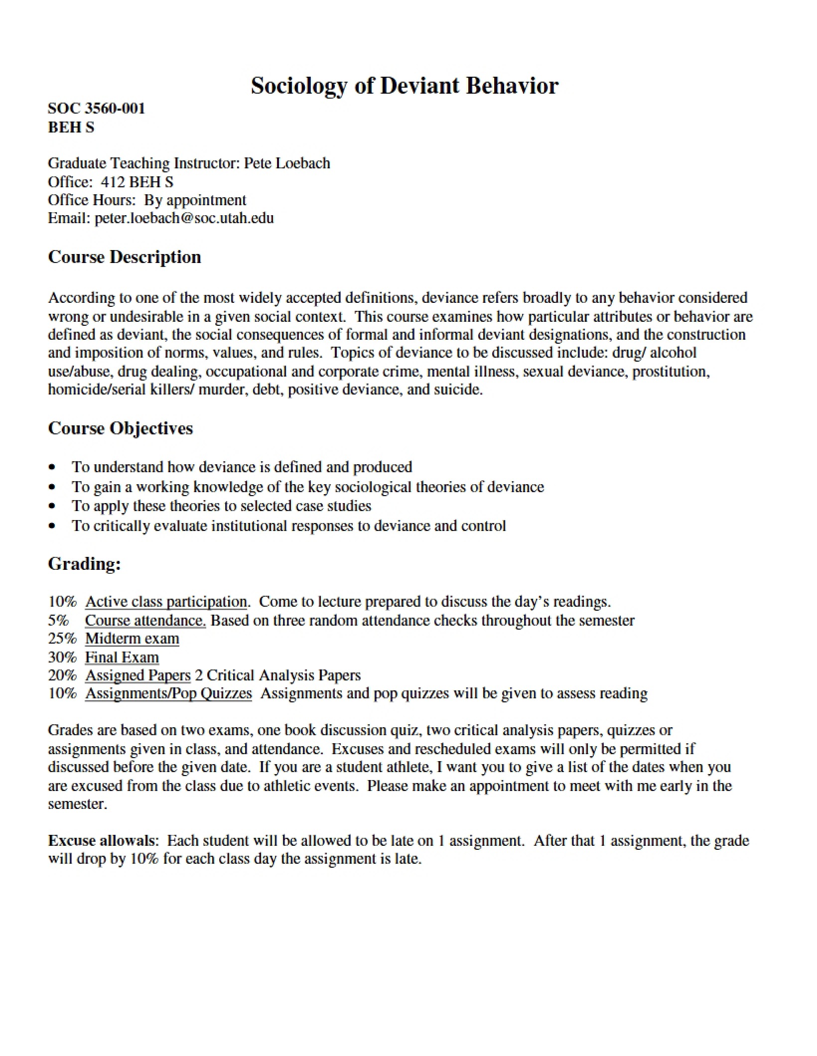 Course Outline Deviant Behavior