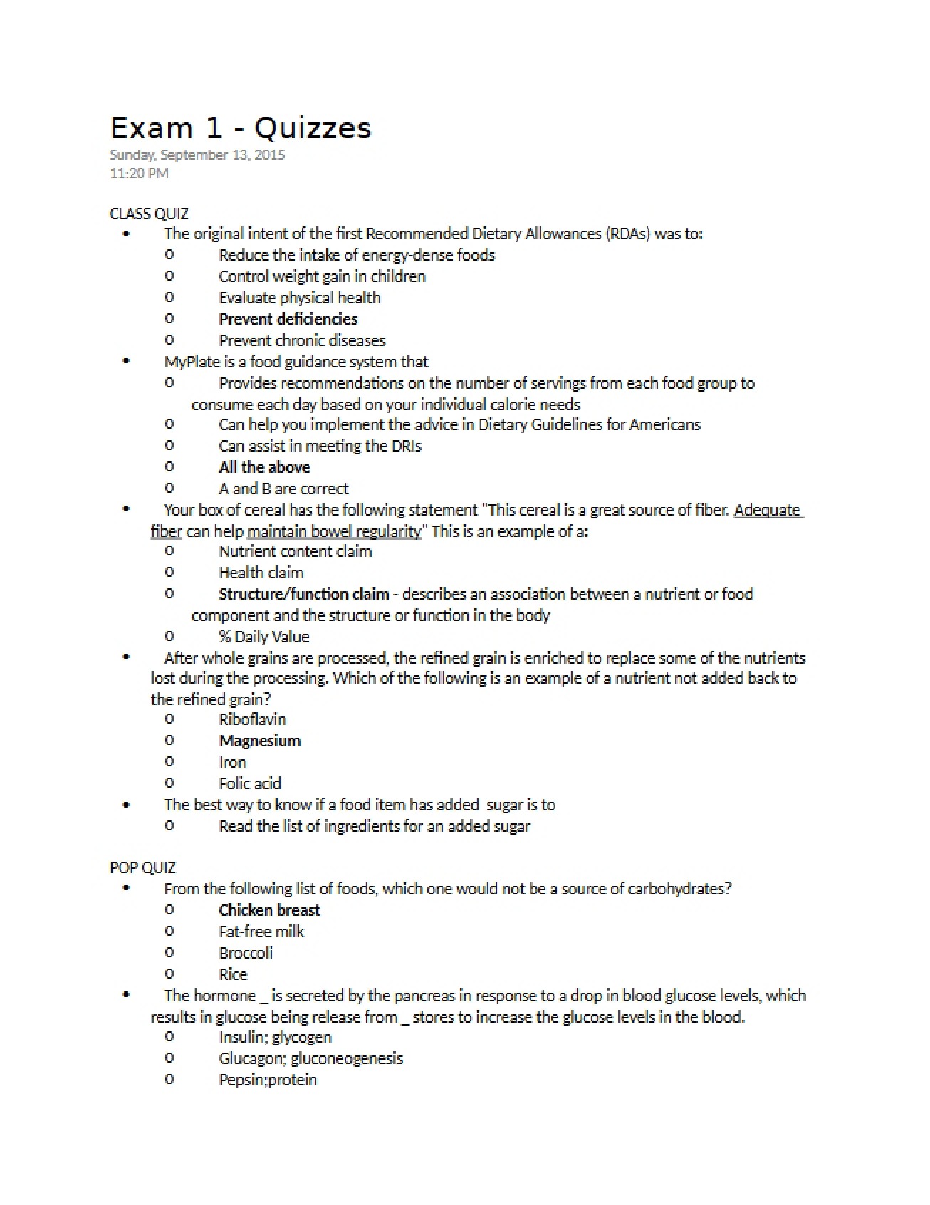 Quiz Preparations for Exam One