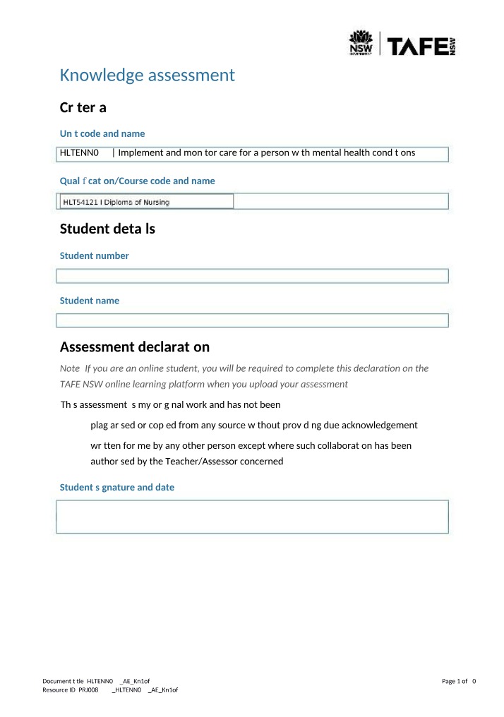 Mental Health Care - Assessment and Knowledge Tasks