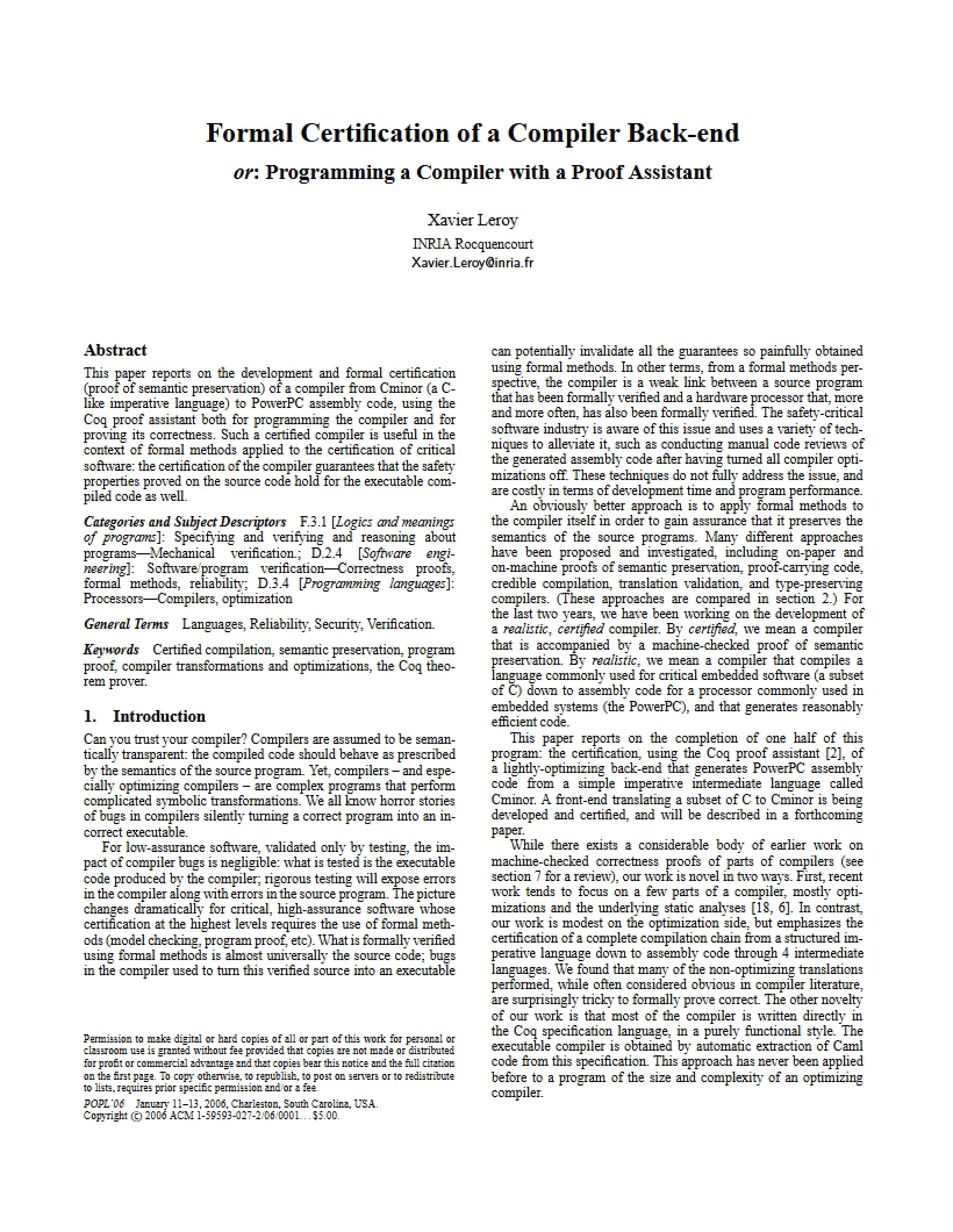 Compiler Back-end Certification