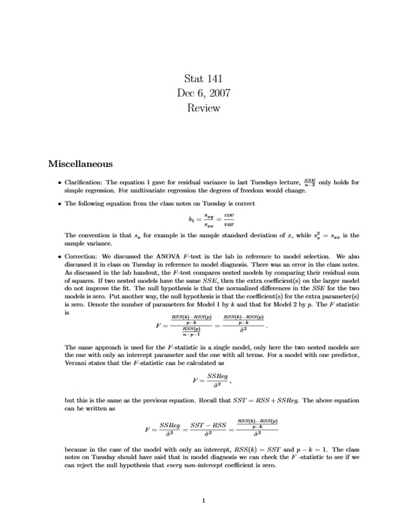 Collection of Lecture Notes for STATS 141