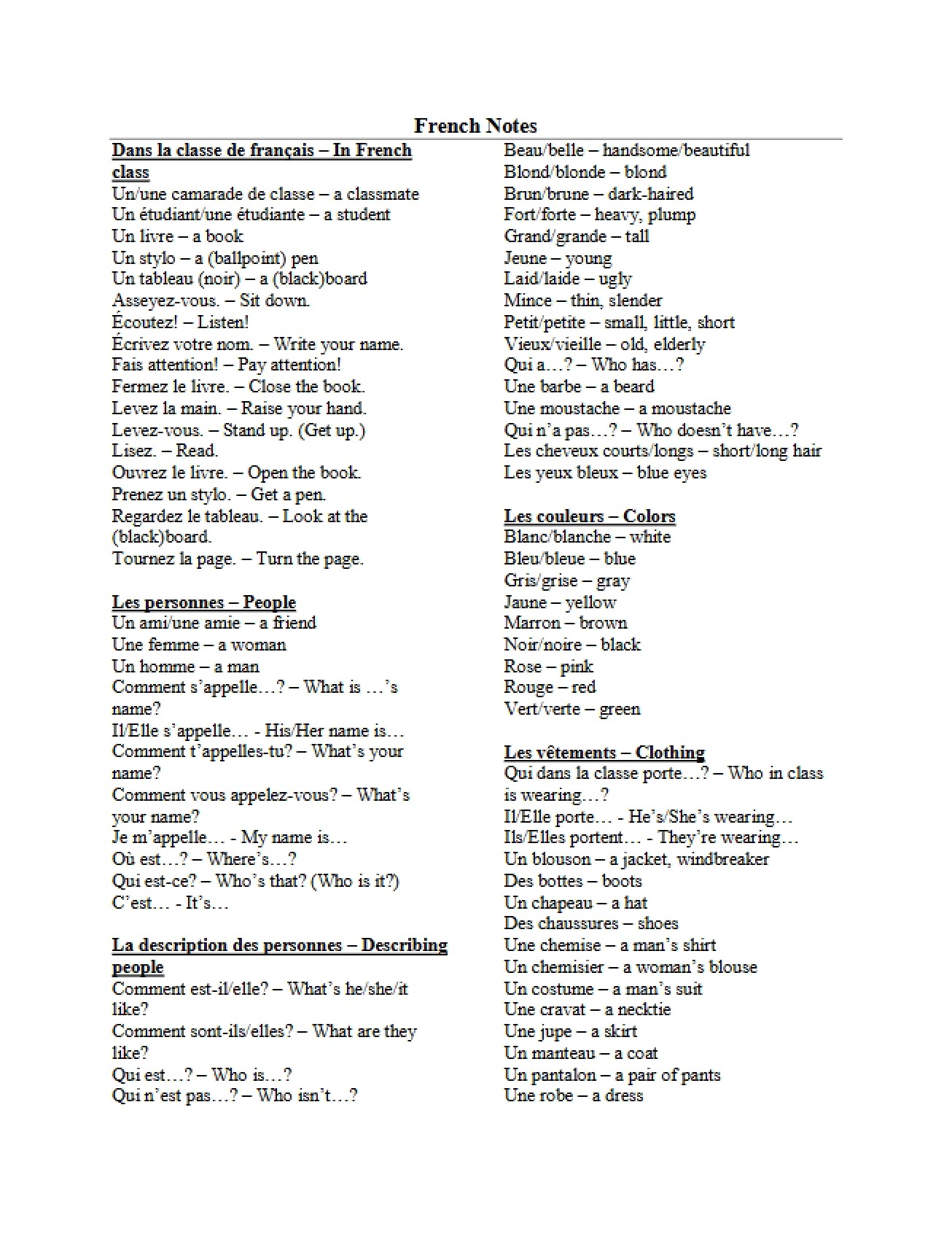 Study Notes for Elementary French I