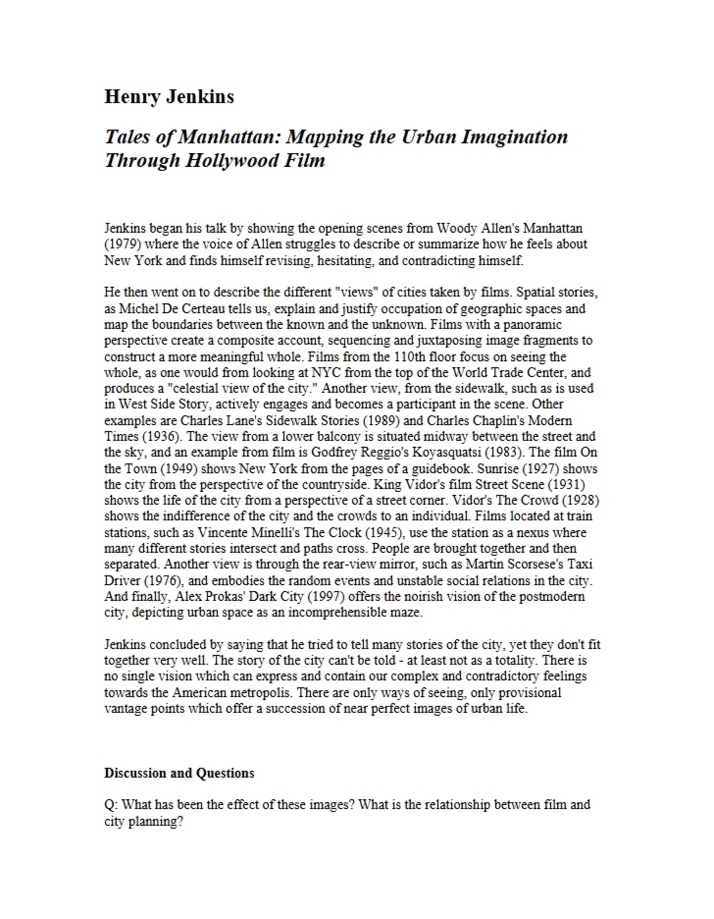 Hollywood Film Mapping Urban Imagination