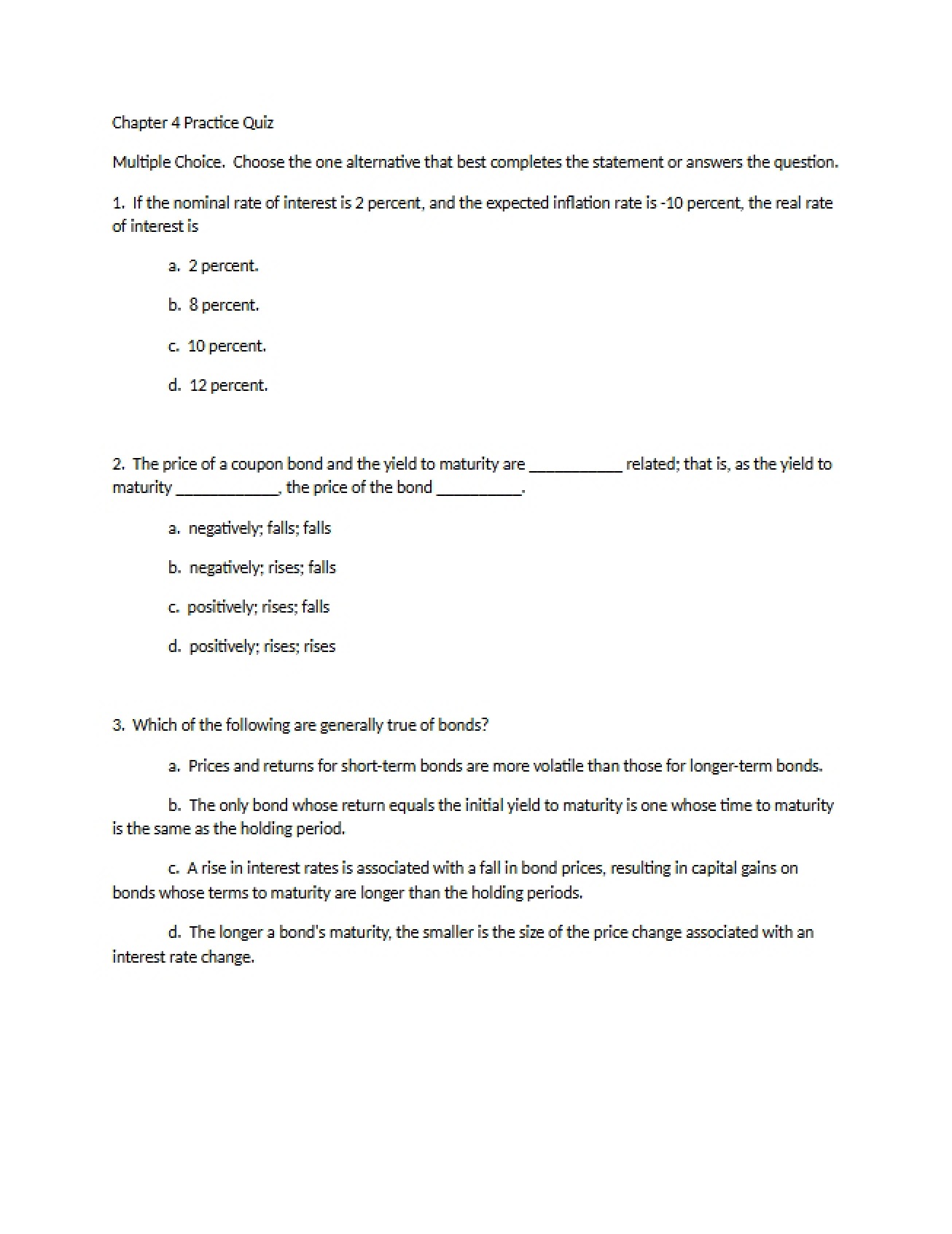 Practice Quiz for Chapter 4
