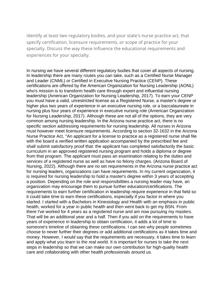 Nursing Leadership Specialty - Regulatory Bodies and Educational Requirements