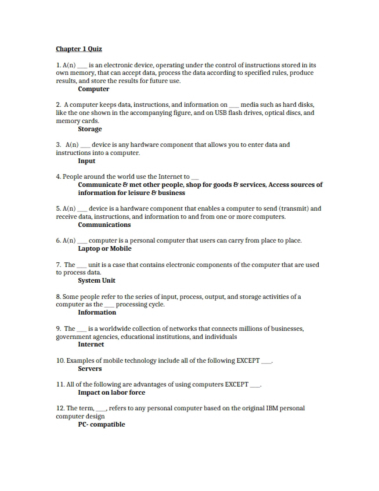 Quiz on Chapter One
