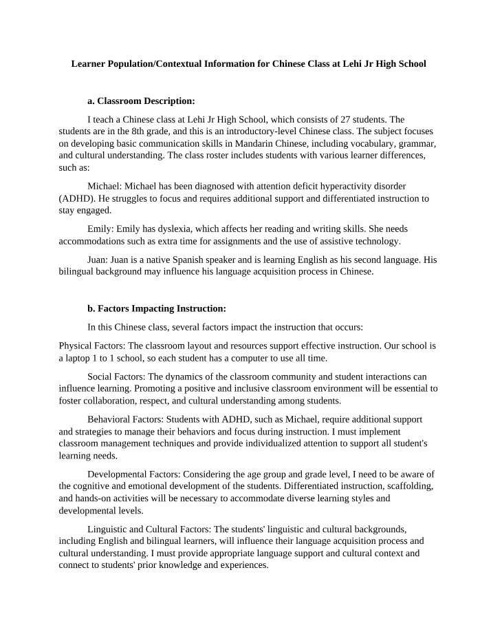 Chinese Class Information - Learner Population