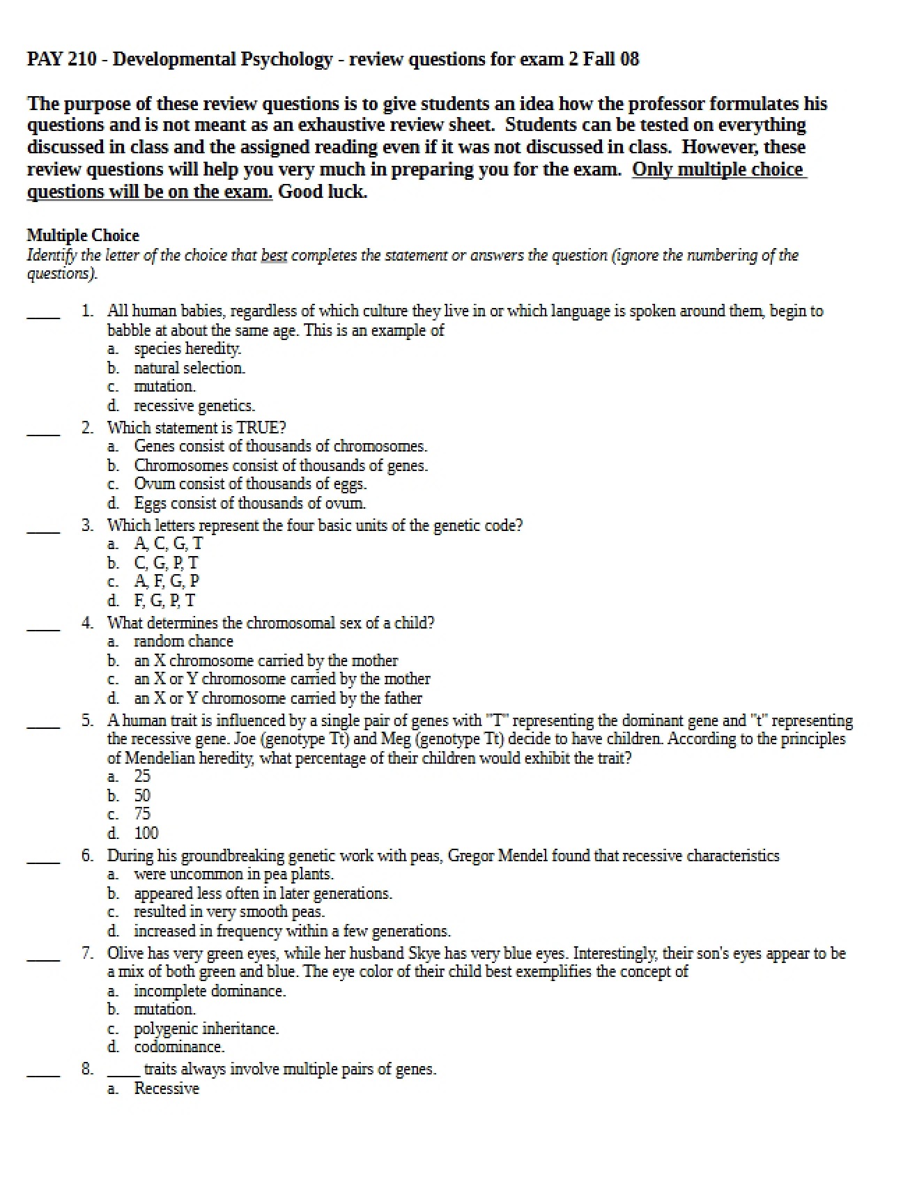 Study Guide for Developmental Psychology