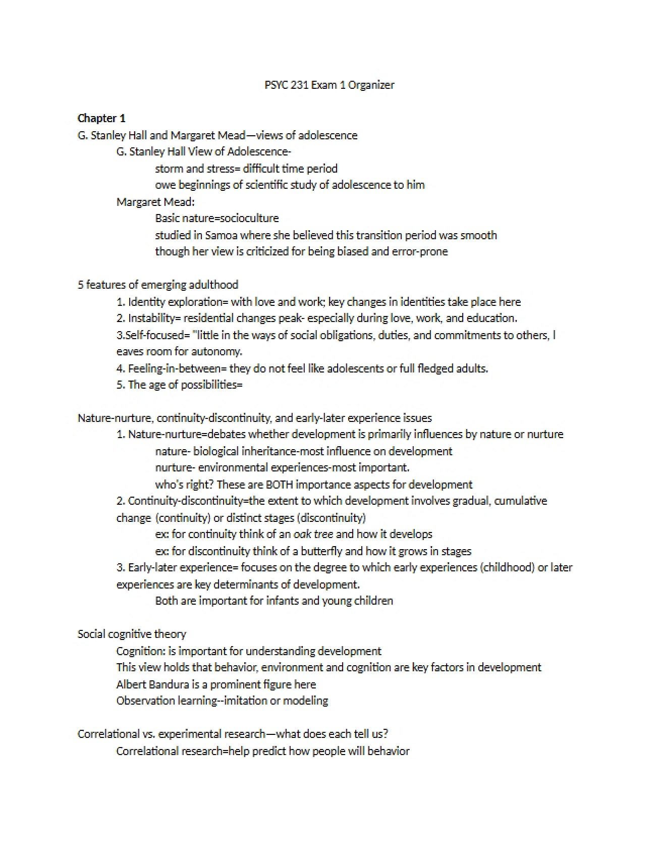 Organizer for the First Exam in Psychology of Adolescence