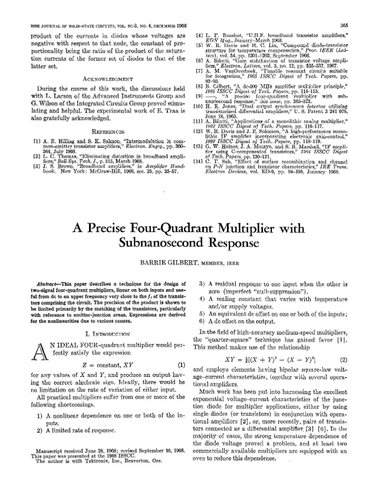 Subnanosecond Response Four-Quadrant Multiplier