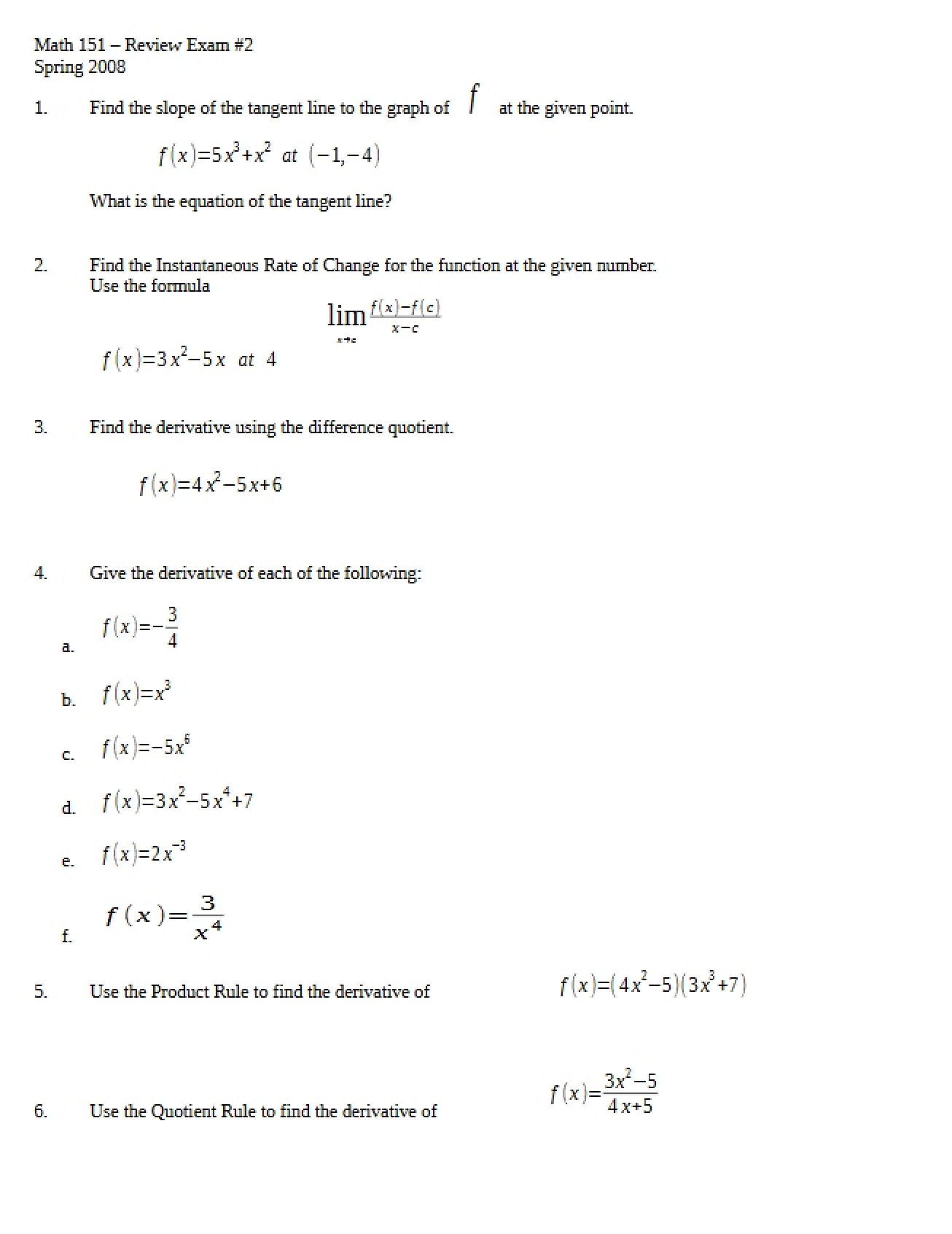 Review for the Second Calculus Exam