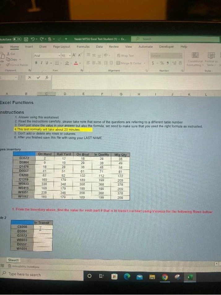Yazaki MTSU Student Excel Test - Functions