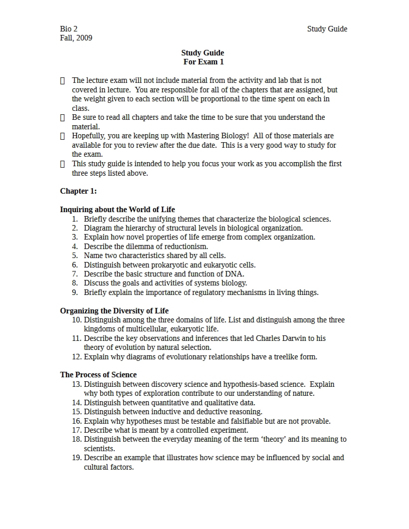 Exam Guide Cells, Molecules, and Genes