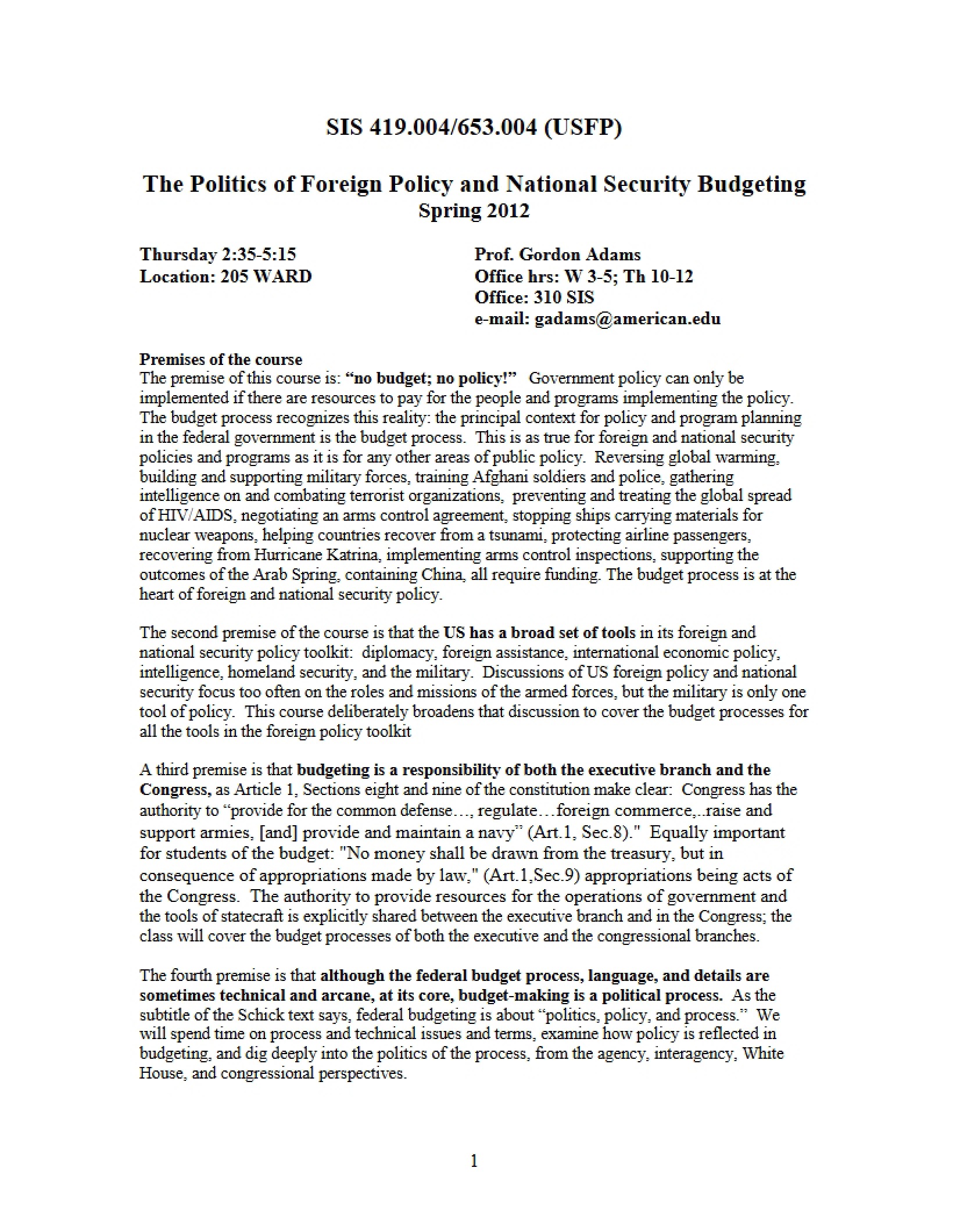 Budgeting Nat. Security & Foreign Policy