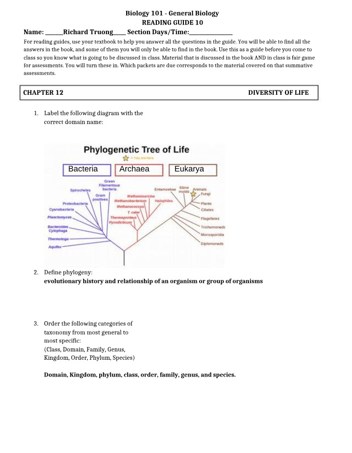 Diversity of Life - Taxonomy, Phylogeny, and Structures