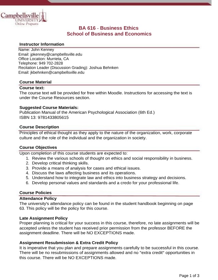 BA616 Business Ethics Syllabus