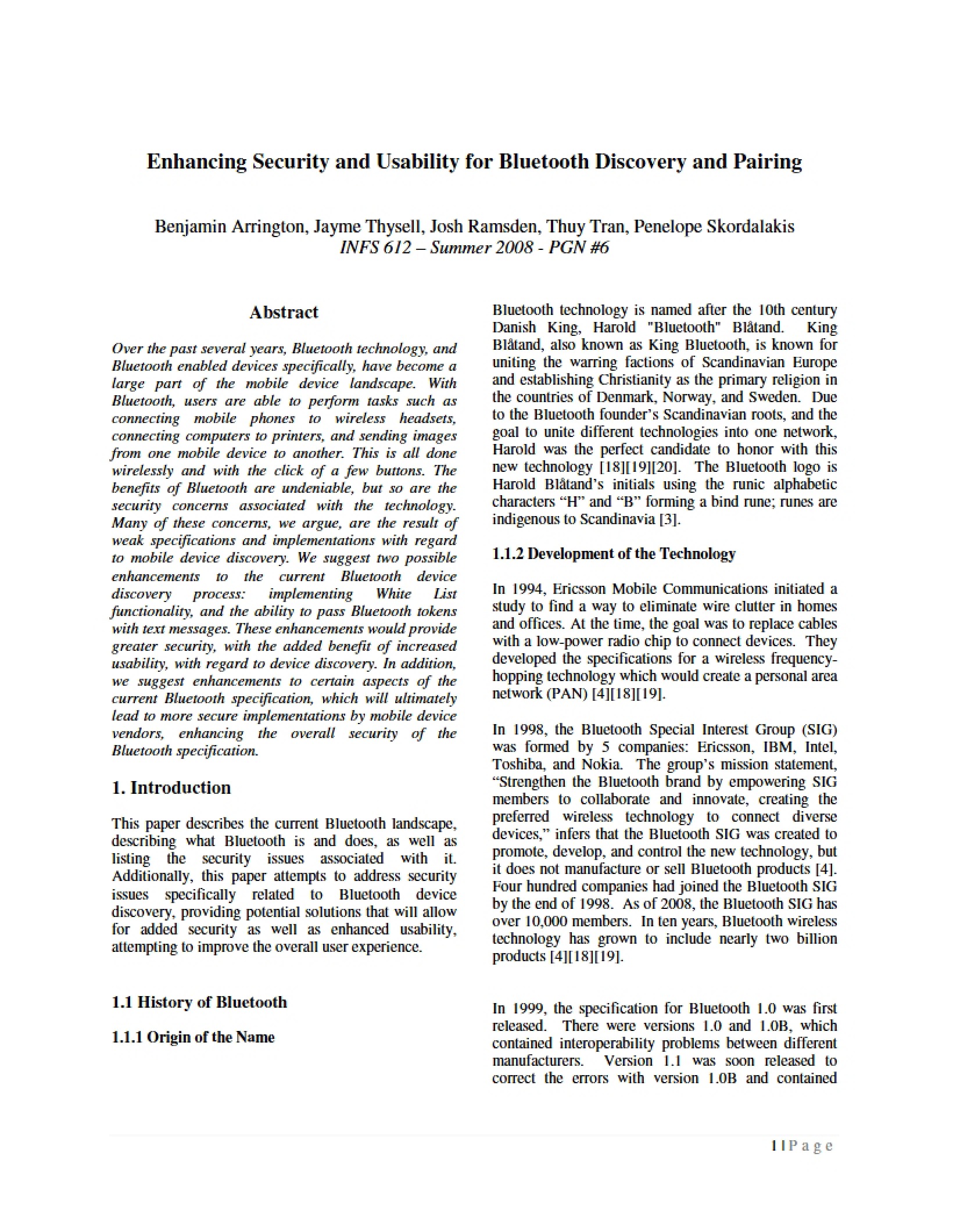 Bluetooth Discovery and Pairing Enhancing Security and Usability