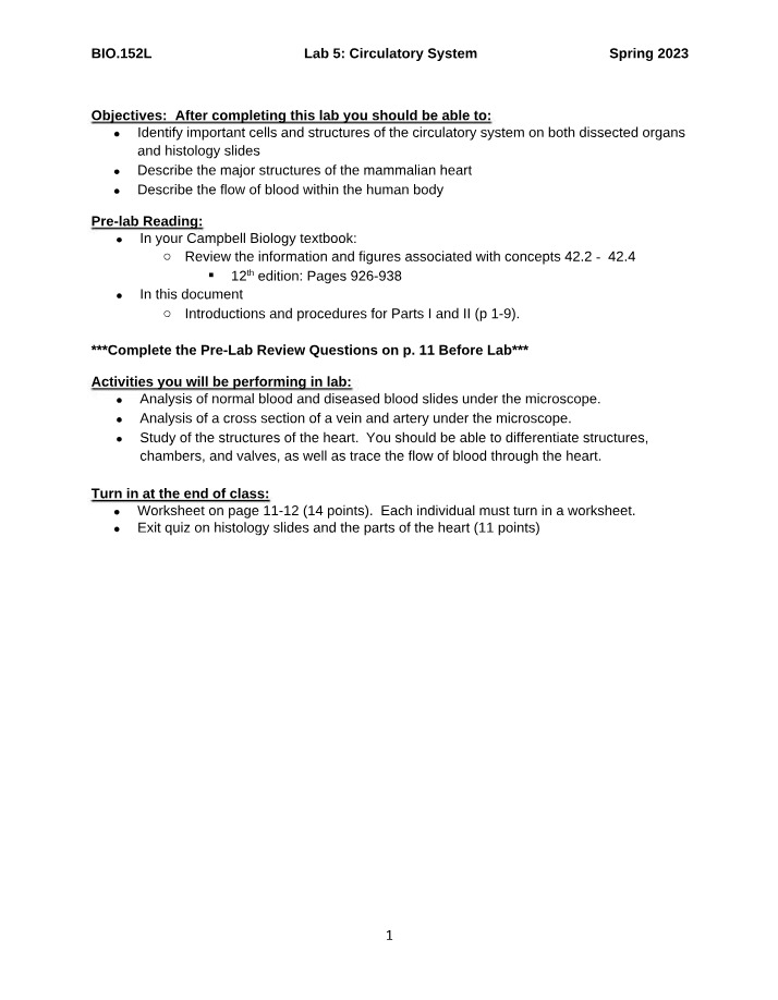 Worksheet for Circulatory System Lab