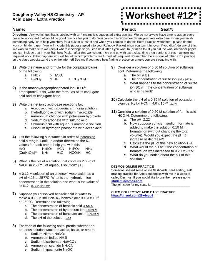 Acid Base Extra Practice - Conjugate Bases and pH Calculations