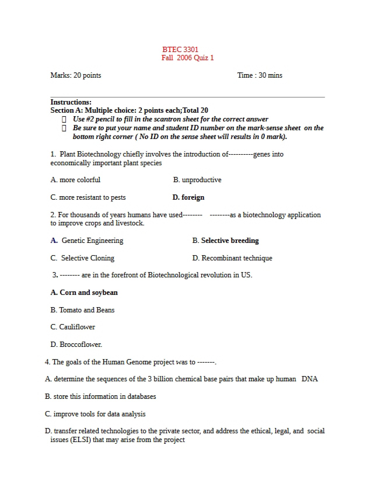 First Test for a Biotechnology Course