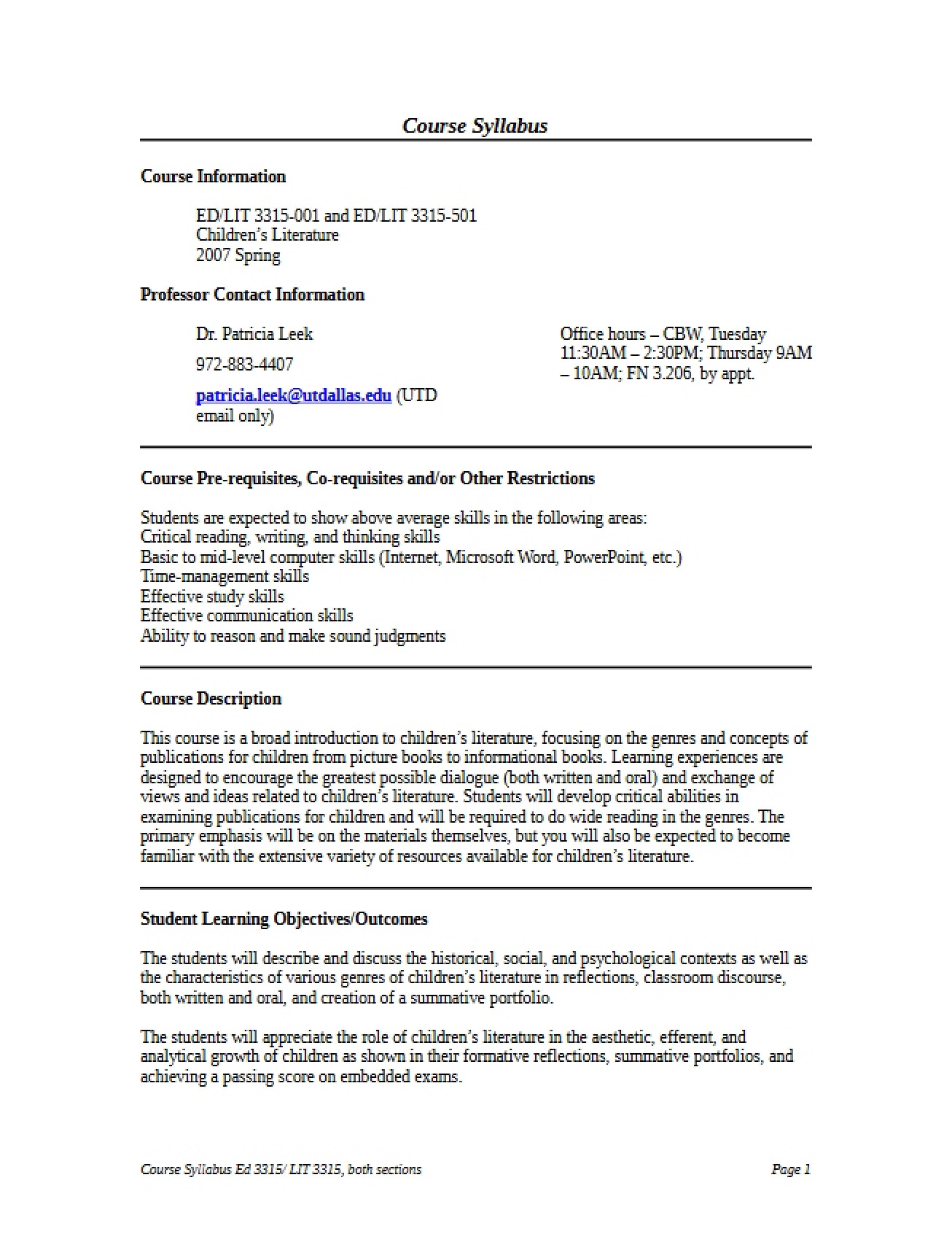Children's Literature Course Syllabus - 9 Pages