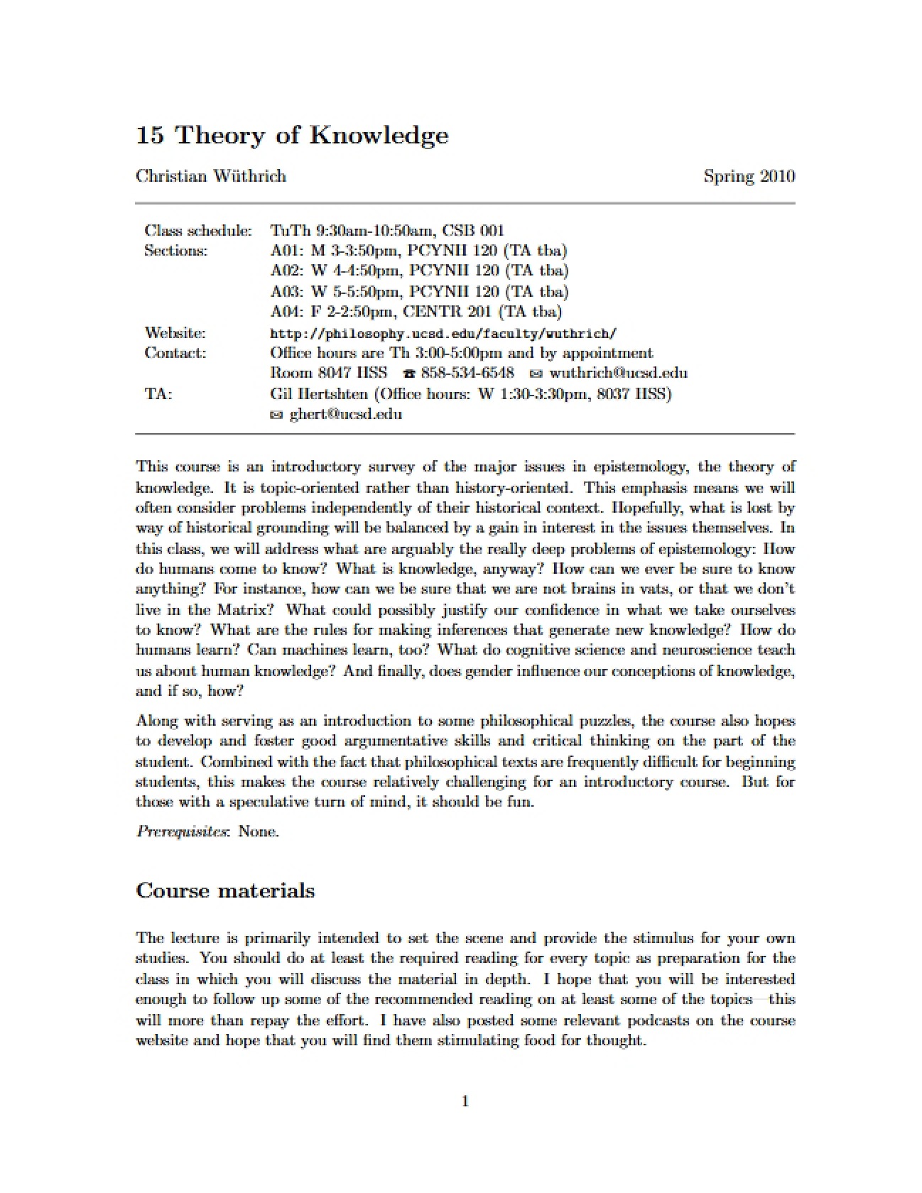 Philosophy of Knowledge Course Outline