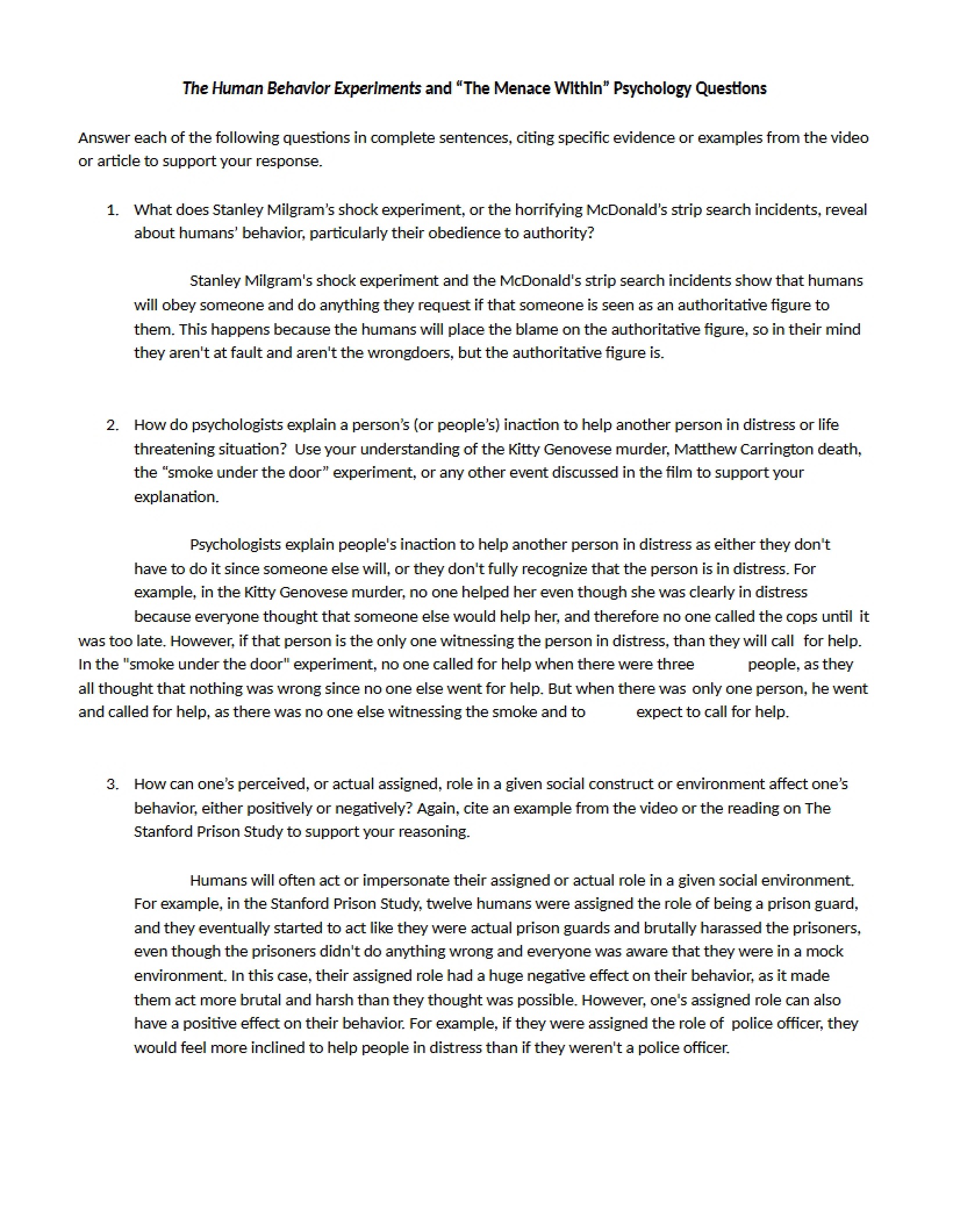 Questions on Human Behavior Experiments