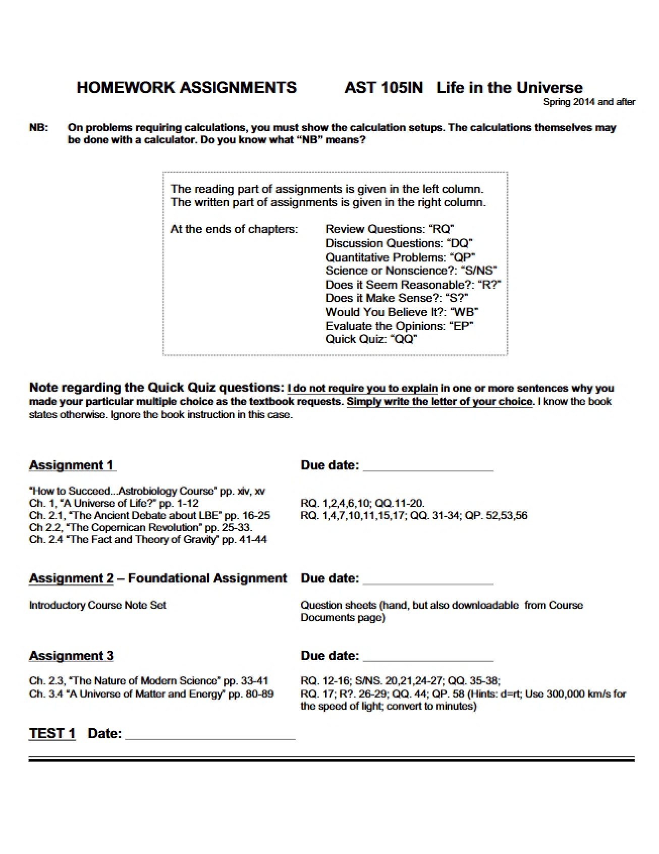 Homework Assignments for Life in the Universe